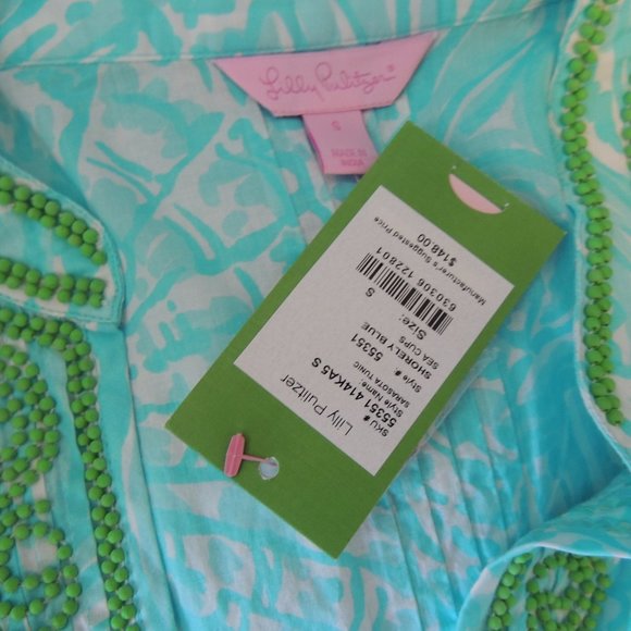 New Lilly Pulitzer Sz S Sarasota Tunic Beaded Neck Pintuck Pleats Cotton - Picture 4 of 4